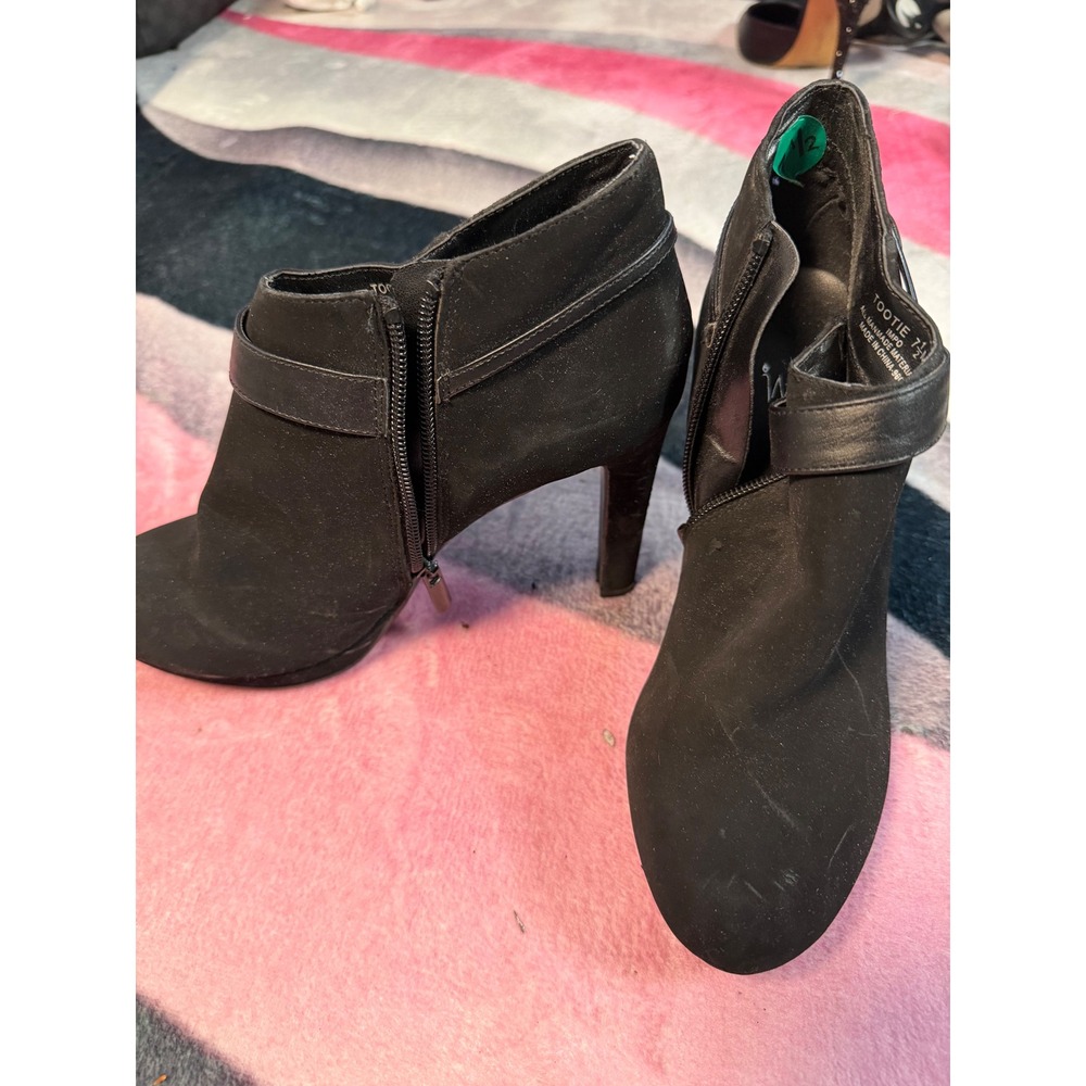 Impo Tootie Black Faux Suede Ankle Boots Stiletto Heel Buckle Detail Womens 7.5M
